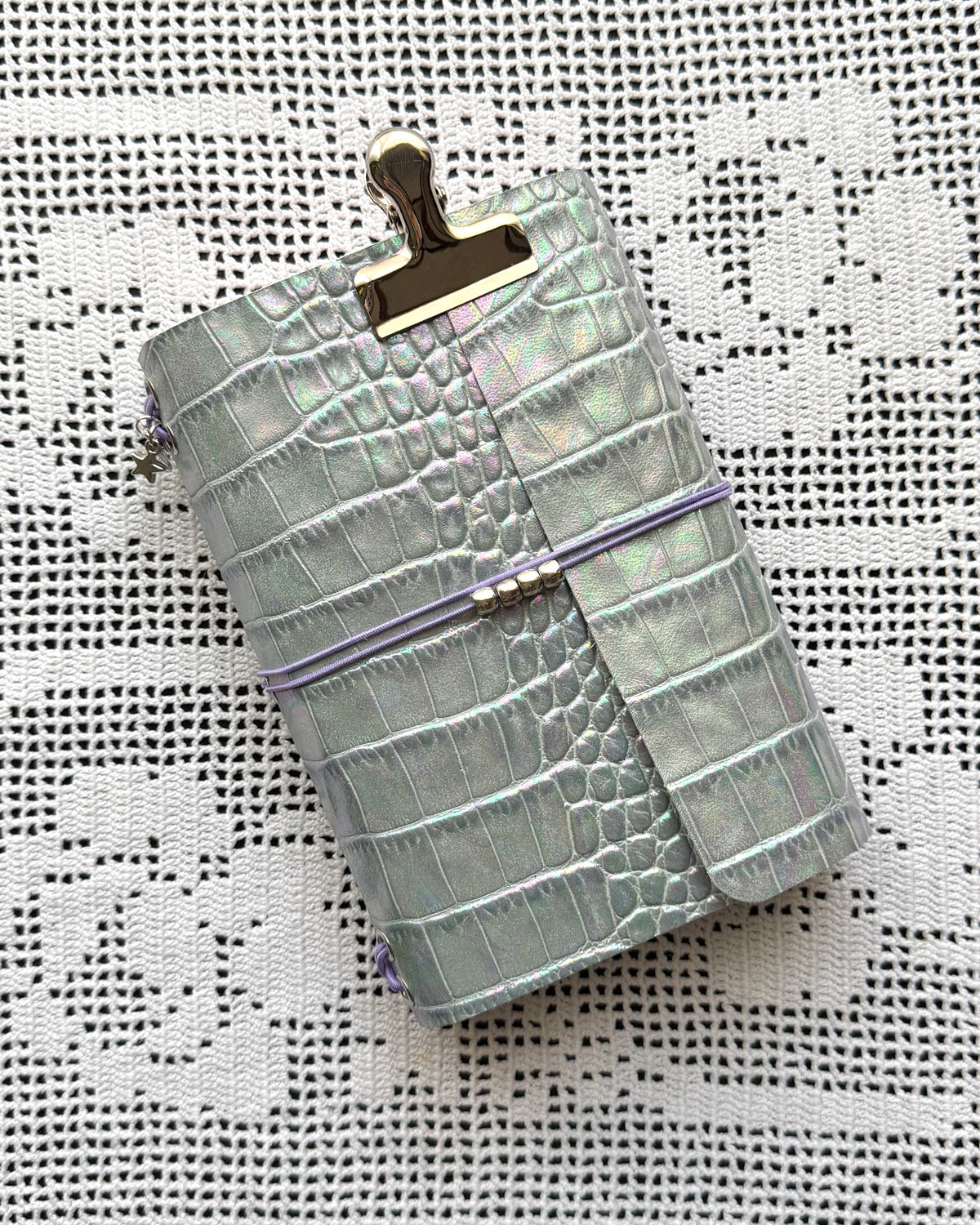 Iridescent Croc Embossed Leather Journal with Lilac Details | A6