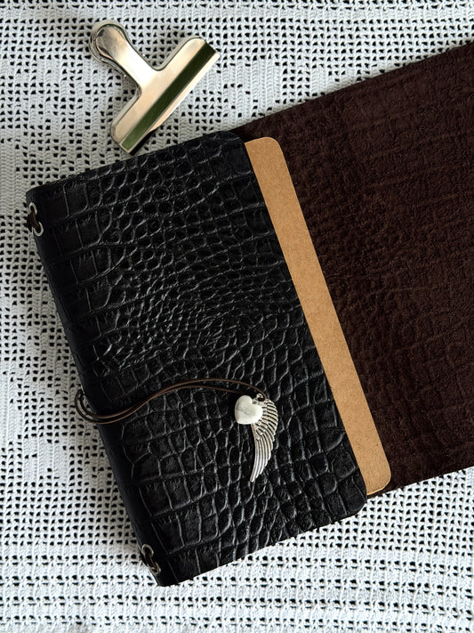 Brown Croc Leather Journal with Angel Wing Charm | A5