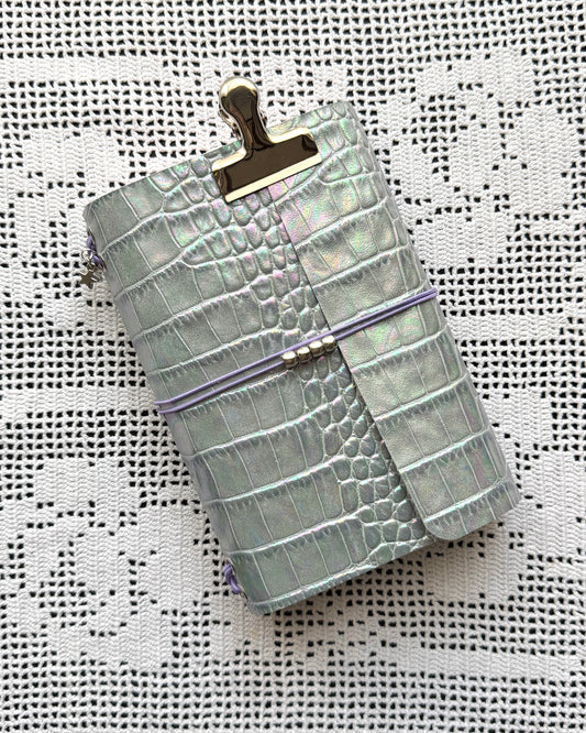 Iridescent Croc Embossed Leather Journal with Lilac Details | A6