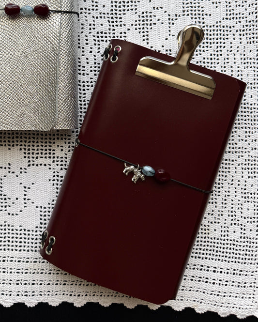 Burgundy Leather Journal with Leopard Charm | A5