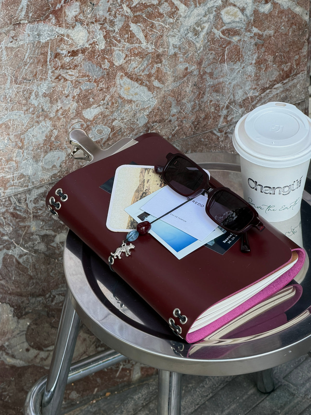 Burgundy Leather Journal with Leopard Charm | A5