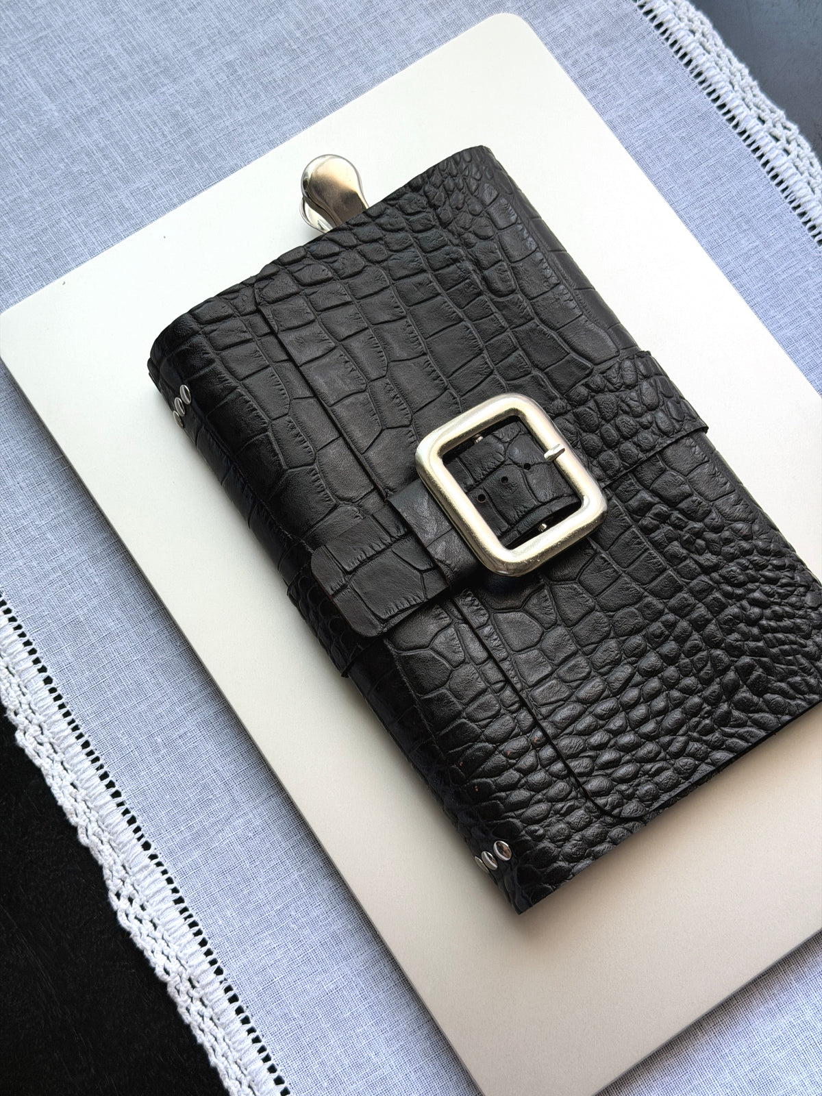 Black Croc Leather Journal with Buckle Closure | A5