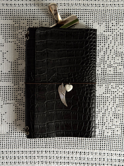 Brown Croc Leather Journal with Angel Wing Charm | A5
