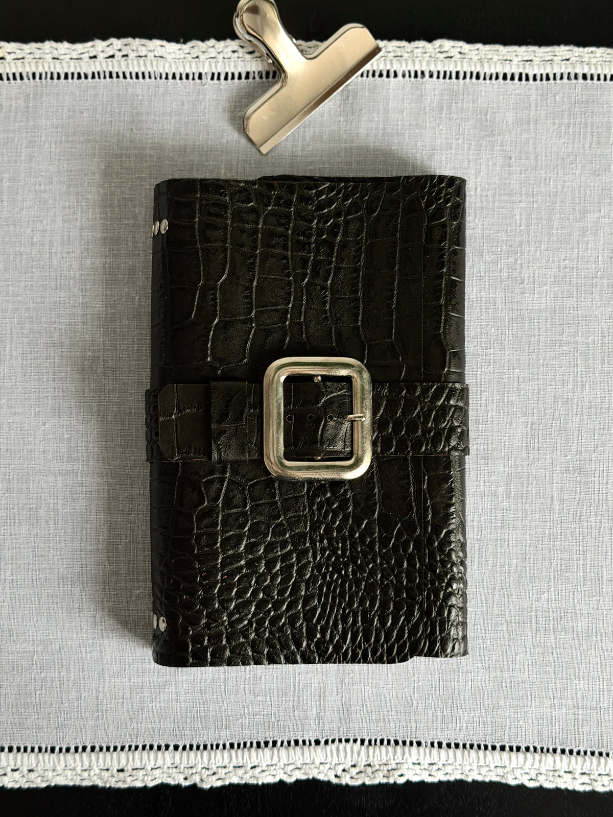 Black Croc Leather Journal with Buckle Closure | A5