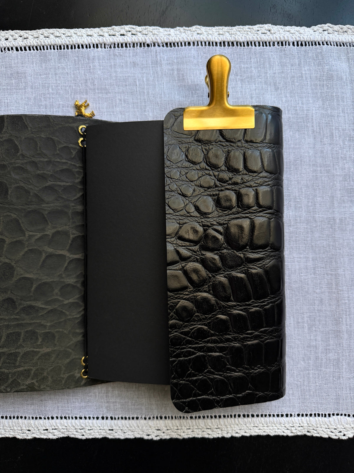 Black Croc Embossed Leather Journal Leopard Charm | A5