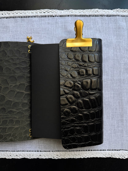 Black Croc Embossed Leather Journal Leopard Charm | A5