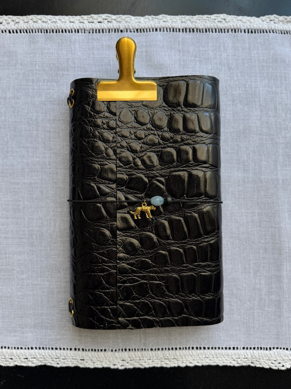 Black Croc Embossed Leather Journal Leopard Charm | A5