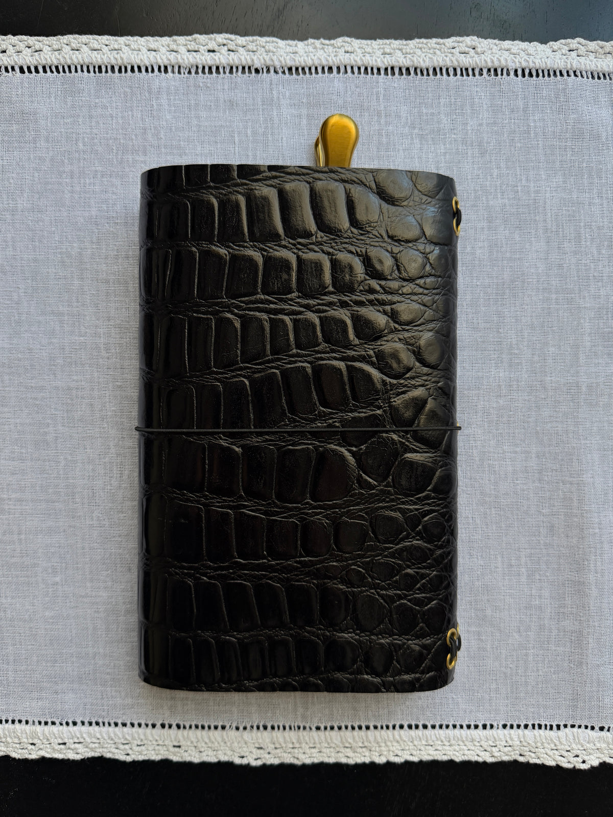 Black Croc Embossed Leather Journal Leopard Charm | A5