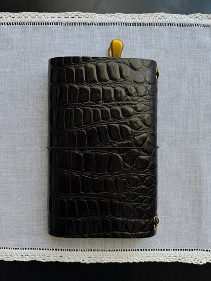 Black Croc Embossed Leather Journal Leopard Charm | A5