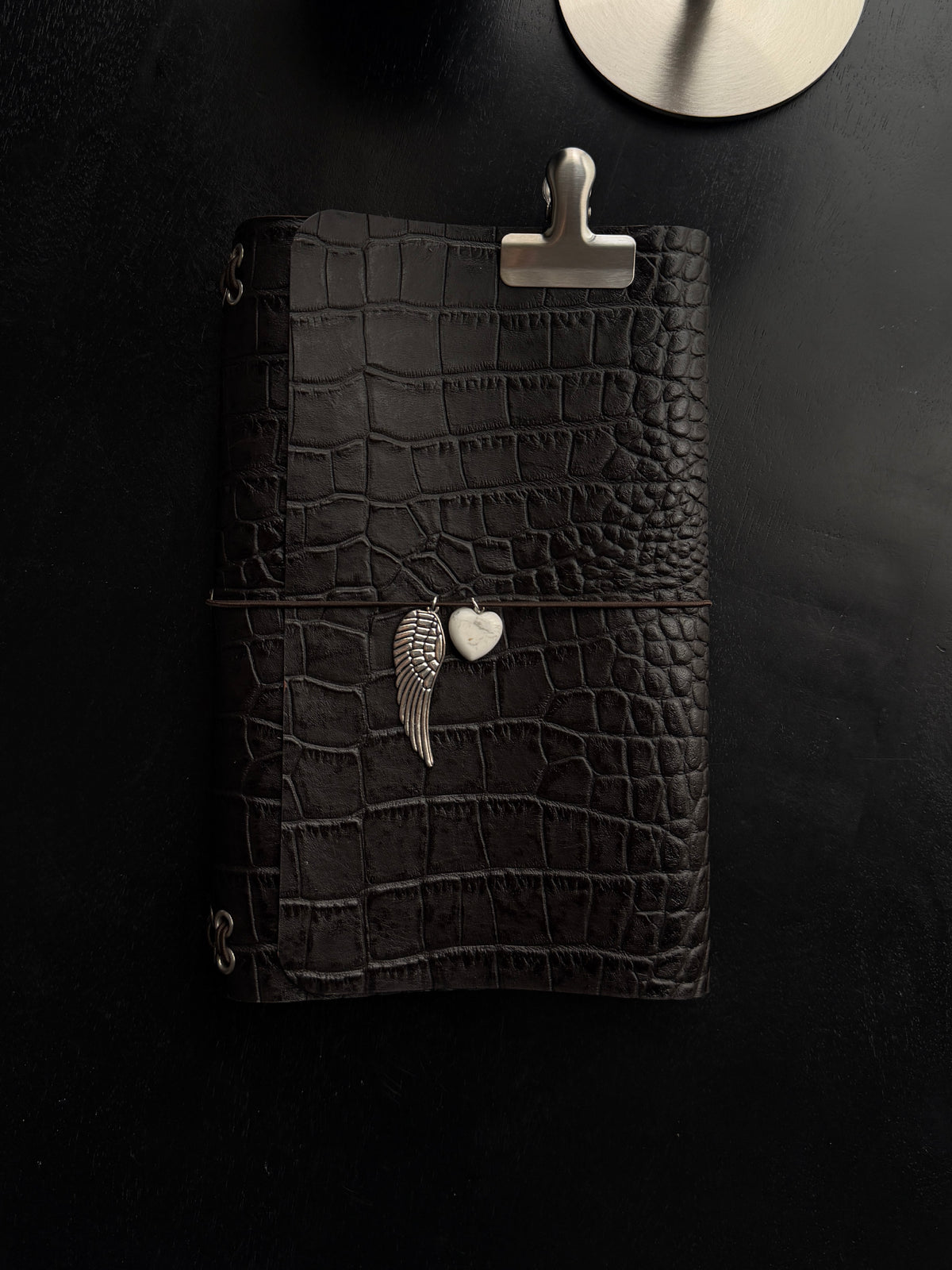 Brown Croc Leather Journal with Angel Wing Charm | A5